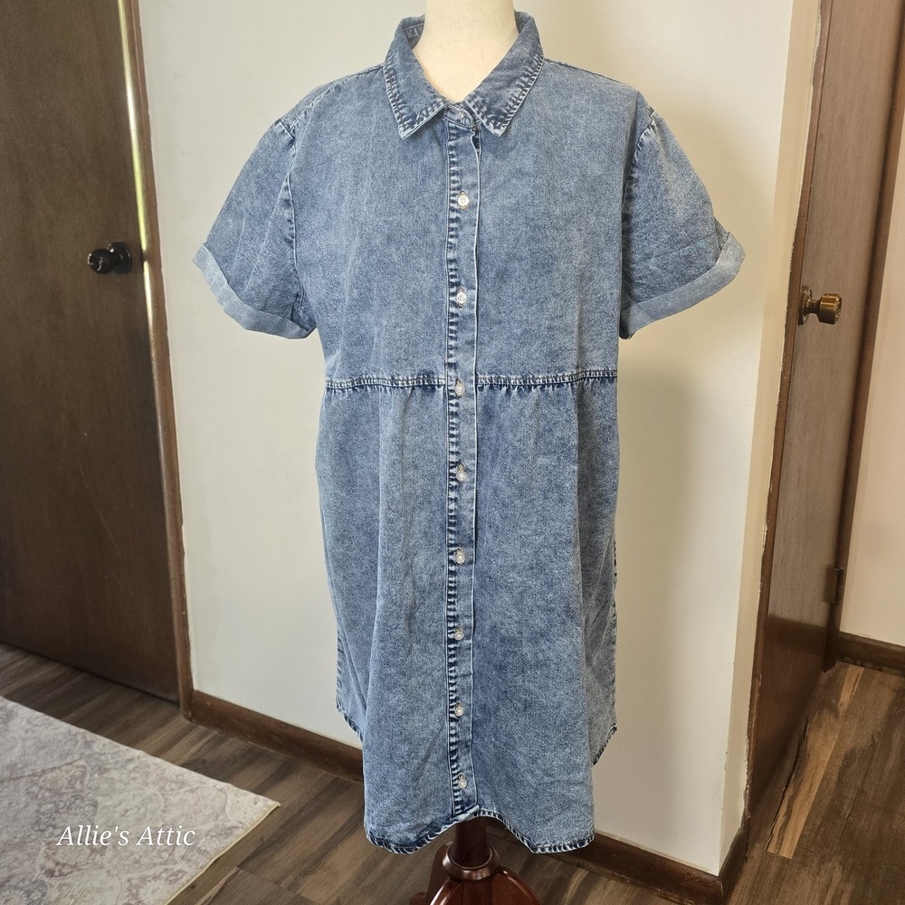 Womens Denim Shirt Flowy Blue Jean Button Tiered Babydoll Mini Dress Midi 2X XXL